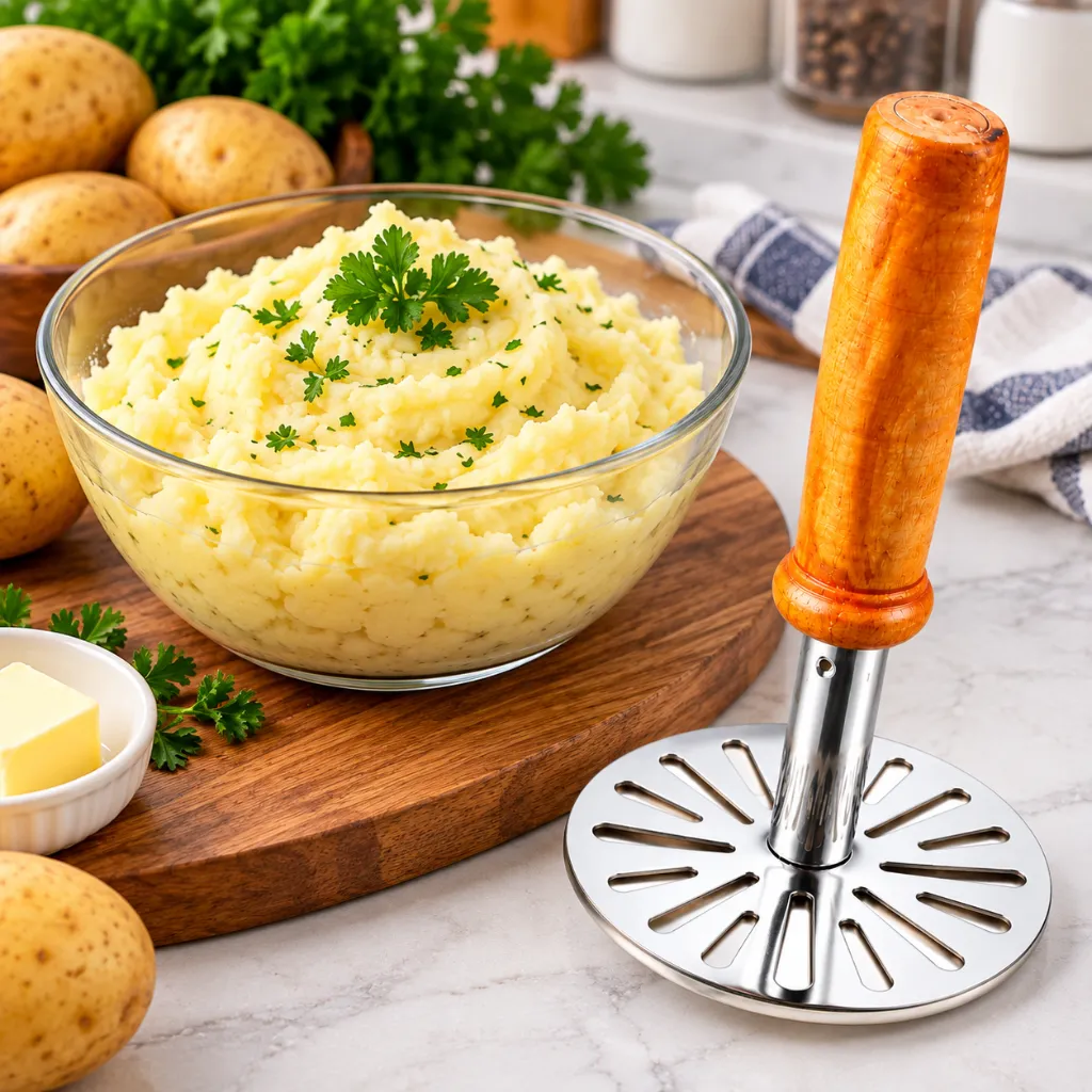 Mashed Potatoes and Shiny Potato Masher.webp